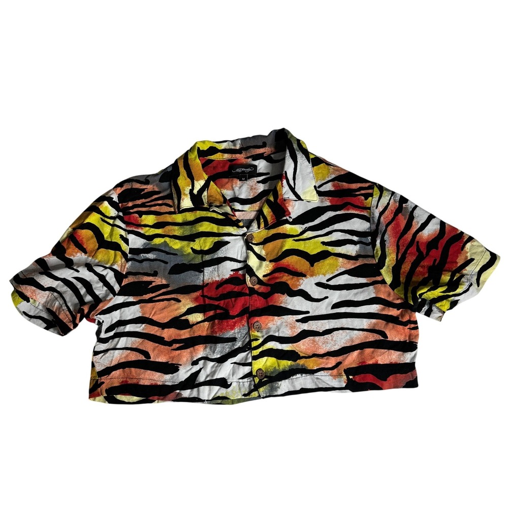 Ed Hardy Tiger Stripe Cropped Button Up Top Multi Color Shirt Womens Medium